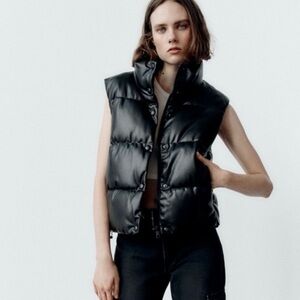 Zara Black Faux Leather Puffer Vest Size Large